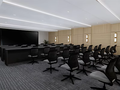 Conference Room Interior With Black Screen Wooden Walls Rows Of Black Chairs And Gray Carpet 3d model