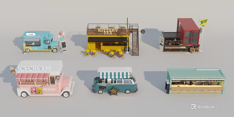 Various Types Of Colorful Food Trucks With Seating Areas And Service Windows Designs 3d model 