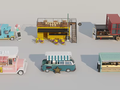Various Types Of Colorful Food Trucks With Seating Areas And Service Windows Designs 3d model