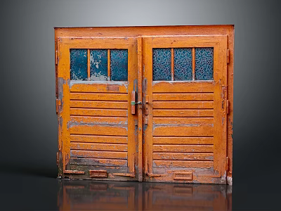 Vintage Orange Wooden Double Doors With Glass Panes And Worn Weathered Texture 3d model