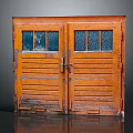 Vintage Orange Wooden Double Doors With Glass Panes And Worn Weathered Texture