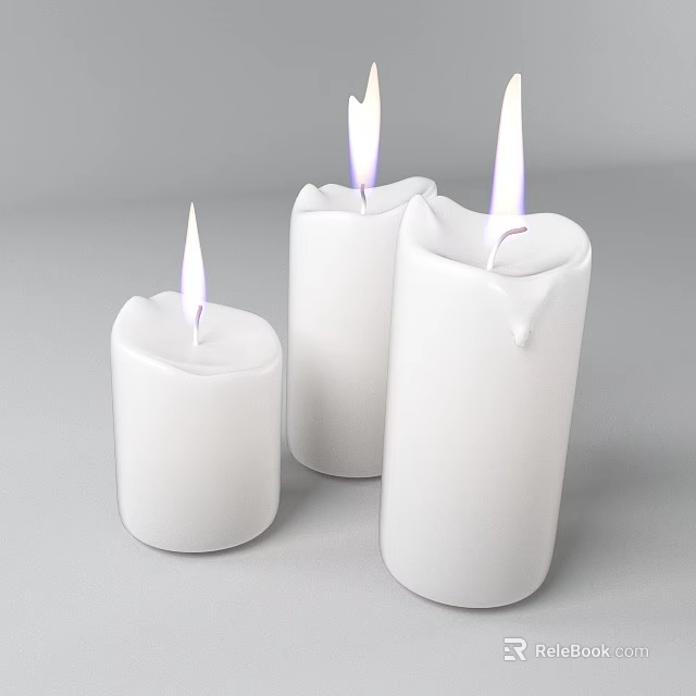 Decorative Ornament Set with Three White Candles and Lit Wicks for Home Decoration 3d model 