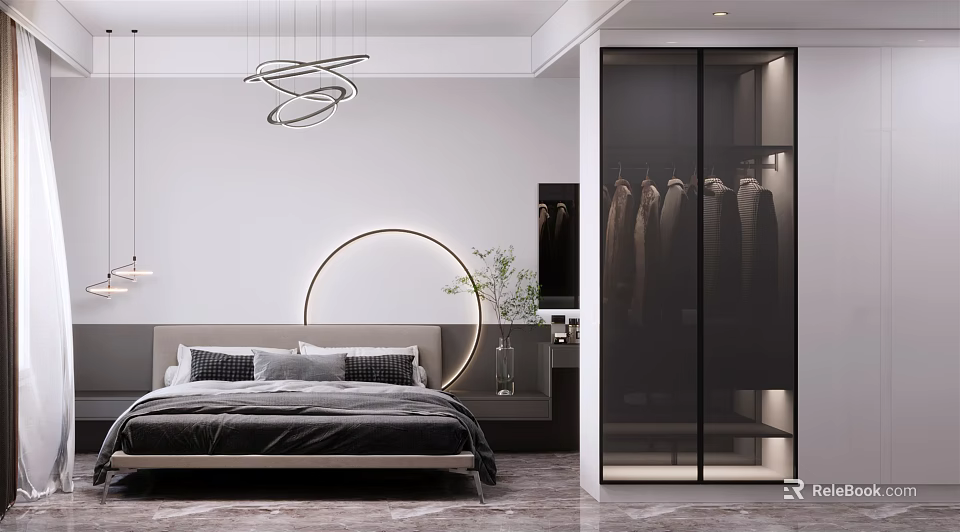 Modern Bedroom Interior With Circular Headboard Light King Bed Gray Bedding Wardrobe Pendant Lights 3d model 