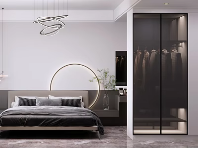 Modern Bedroom Interior With Circular Headboard Light King Bed Gray Bedding Wardrobe Pendant Lights 3d model