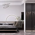 Modern Bedroom Interior With Circular Headboard Light King Bed Gray Bedding Wardrobe Pendant Lights