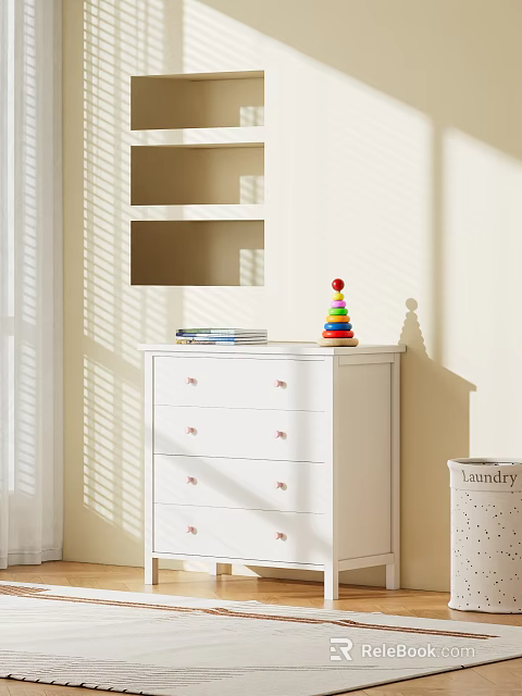 White Dresser with Books and Colorful Stacking Toy in Window Light Shadows and Laundry Basket 3d model 
