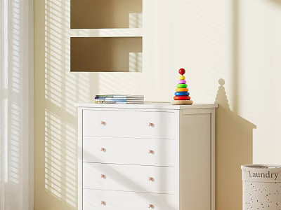 White Dresser with Books and Colorful Stacking Toy in Window Light Shadows and Laundry Basket 3d model