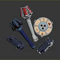 Futuristic Weapon Designs Featuring Blue Handles Red Accents And Circular Technological Components