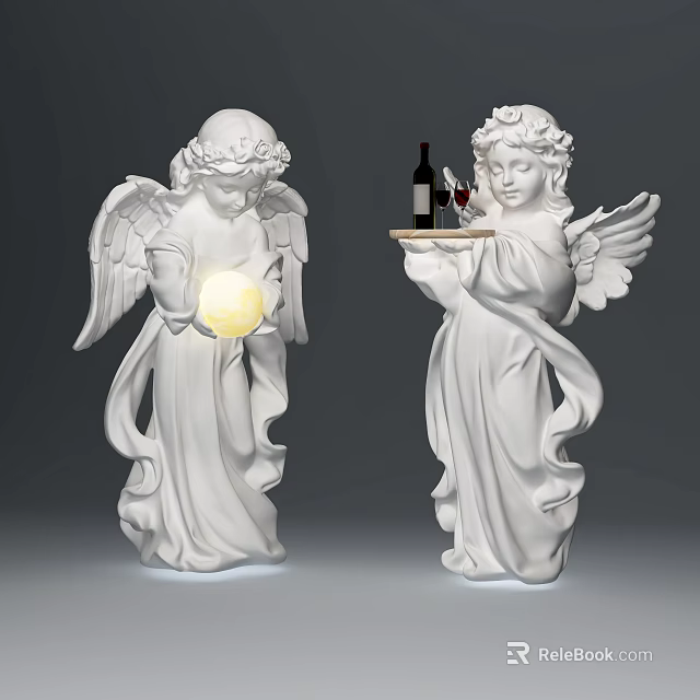 Two White Angel Figurine Set with Glowing Orb and Wine Tray Decorative Ornaments 3d model 