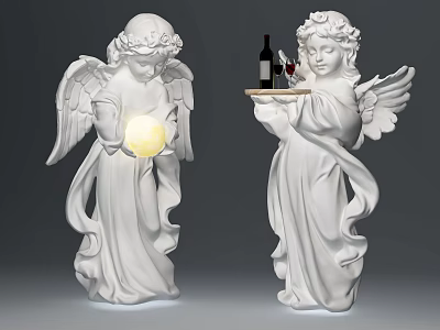Two White Angel Figurine Set with Glowing Orb and Wine Tray Decorative Ornaments 3d model