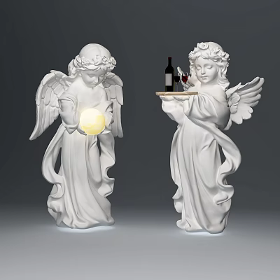 Two White Angel Figurine Set with Glowing Orb and Wine Tray Decorative Ornaments 3d model