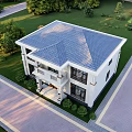 Two Story White Detached Villa With Balcony Columns And Green Surroundings