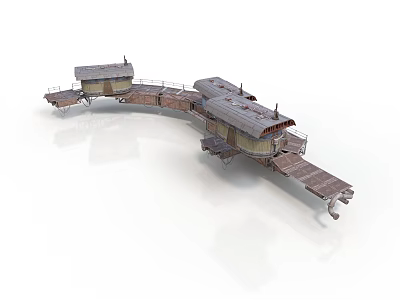 Rusty Industrial Metal Structure With Bent Connected Platforms And Roofs 3d model