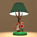 Cartoon Style Table Lamp With Green Wavy Lampshade And Red Accents Fox Figurines