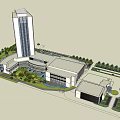 Modern High Rise Office Building With Glass Curtain Wall And Landscaped Gardens