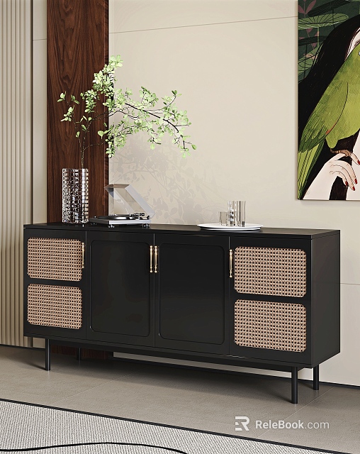Black Entryway Console Cabinet With Rattan Panels Golden Handles And Decorative Vase Tray Green Plant 3d model 