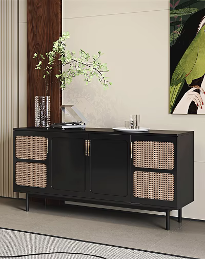 Black Entryway Console Cabinet With Rattan Panels Golden Handles And Decorative Vase Tray Green Plant 3d model