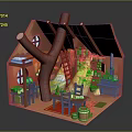 Whimsical Cottage Interior Design With Tree Trunk Ladder Dining Table Bookshelf Stove And Hanging Plants