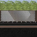 Modern Landscape Wall With Geometric Checkerboard Design Illuminated Lights And Green Trees Background