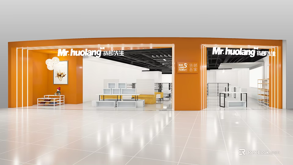Mr.huolang Store Modern Bright Interior With Orange Walls And White Display Shelves 3d model 