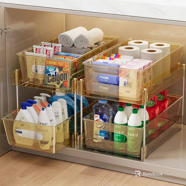 Organized Drawer Storage for Laundry Supplies and Daily Necessities with Transparent Bins Neatly Arranged 3d model 