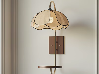 Elegant Modern Wall Sconce With Beige Fabric Lampshade Wooden Shelf And Metal Frame 3d model