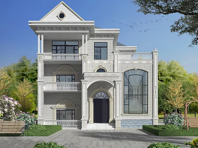 Three Story Detached Villa With Light Stone Exterior Arched Doorway Balconies And Surrounding Greenery Trees 3d model