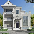 Three Story Detached Villa With Light Stone Exterior Arched Doorway Balconies And Surrounding Greenery Trees