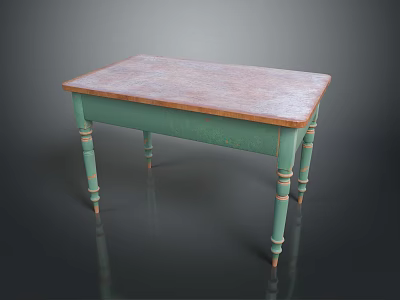 Vintage Dining Table With Green Turned Legs And Wooden Patina Top 3d model
