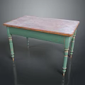 Vintage Dining Table With Green Turned Legs And Wooden Patina Top
