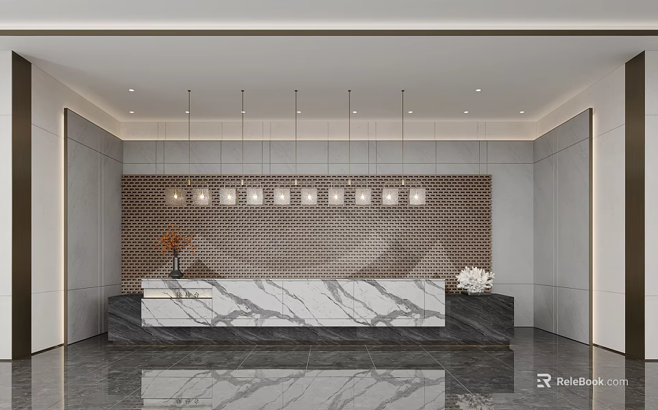 Elegant Modern Front Desk Reception With Marble Countertop Pendant Lights And Textured Backdrop 3d model 