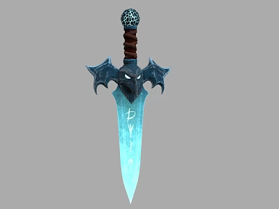 Mythical Dagger With Brown Handle Decorative Top Bat Wing Guard Blue Blade Runes 3d model