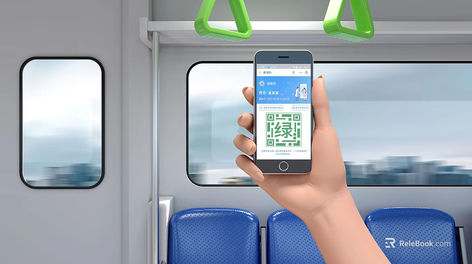 Mobile Phone Used To Scan QR Code In Subway With Blue Seats And Green Handrails 3d model 