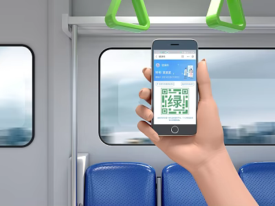 Mobile Phone Used To Scan QR Code In Subway With Blue Seats And Green Handrails 3d model