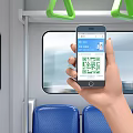 Mobile Phone Used To Scan QR Code In Subway With Blue Seats And Green Handrails