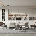 Modern Restaurant Interior With Open Kitchen Dining Table Chairs Cabinets And Pendant Lights