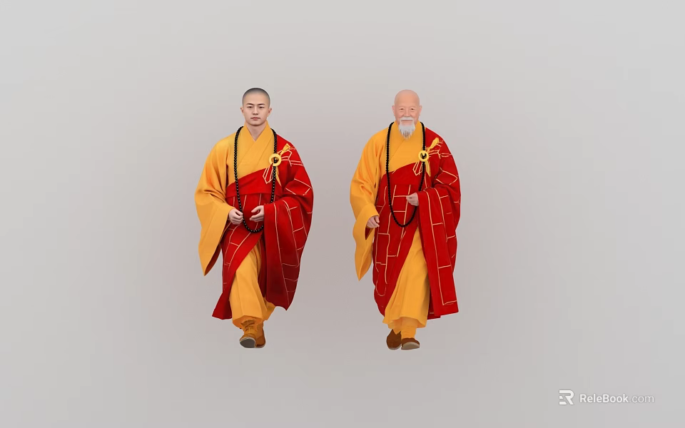 Two Monks in Yellow and Red Robes with Shaved Heads Beards Standing Against Gray Background 3d model 