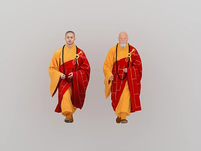 Two Monks in Yellow and Red Robes with Shaved Heads Beards Standing Against Gray Background 3d model