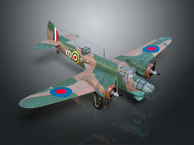 Vintage Military Aircraft Model with Camouflage Paint and Wing Roundels Detailed Twin Engine Design 3d model