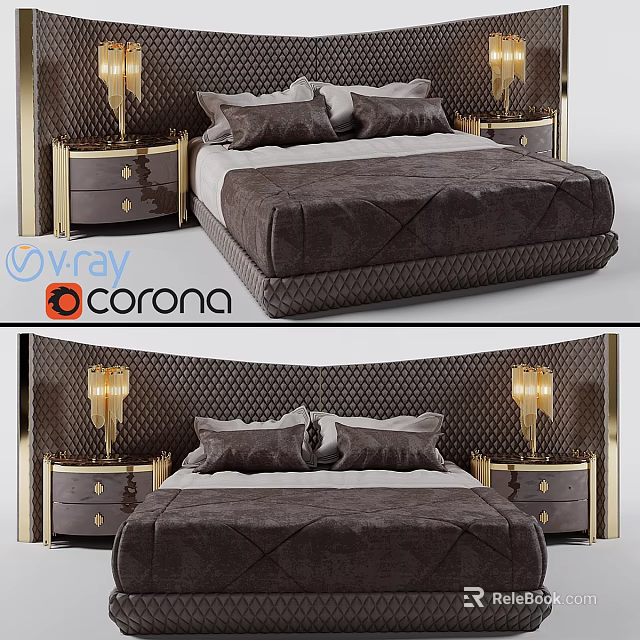 Modern Luxury Bedroom Design With Brown Upholstered Bed Gold Accents And Nightstands 3d model 