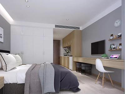 Modern Apartment Interior With Bed White Wardrobe Wooden Desk TV And Chair 3d model