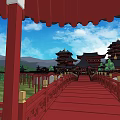 Ancient Chinese Architecture With Pagoda Towers Black Tiled Roofs Red Pillars And Green Trees