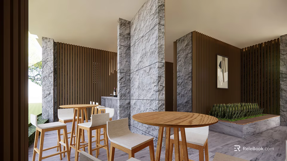 Tranquil SPA Sauna Interior With Stone Walls Wooden Partitions Round Tables And White Chairs 3d model 
