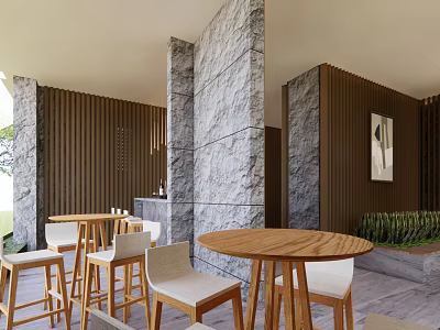 Tranquil SPA Sauna Interior With Stone Walls Wooden Partitions Round Tables And White Chairs 3d model