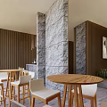 Tranquil SPA Sauna Interior With Stone Walls Wooden Partitions Round Tables And White Chairs