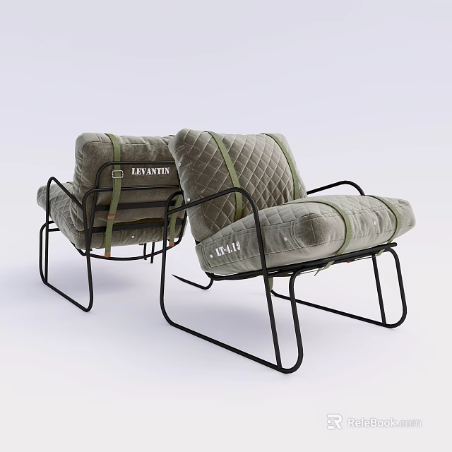 Modern Accent Chairs With Quilted Gray Upholstery Green Stitching And Black Metal Frame 3d model 