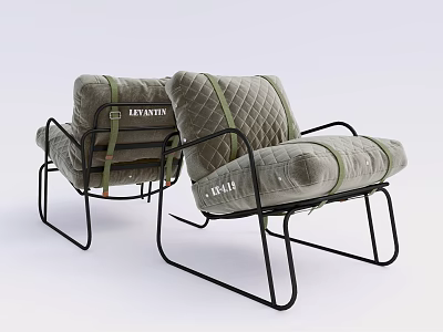 Modern Accent Chairs With Quilted Gray Upholstery Green Stitching And Black Metal Frame 3d model