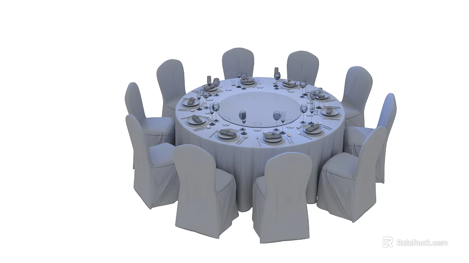 Round Dining Table Set With White Tablecloth Tableware Wine Glasses And Surrounding Chair Covers 3d model 