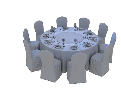 Round Dining Table Set With White Tablecloth Tableware Wine Glasses And Surrounding Chair Covers 3d model
