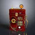 Vintage Red Mechanical Device With Gauges Buttons And Metal Accents
